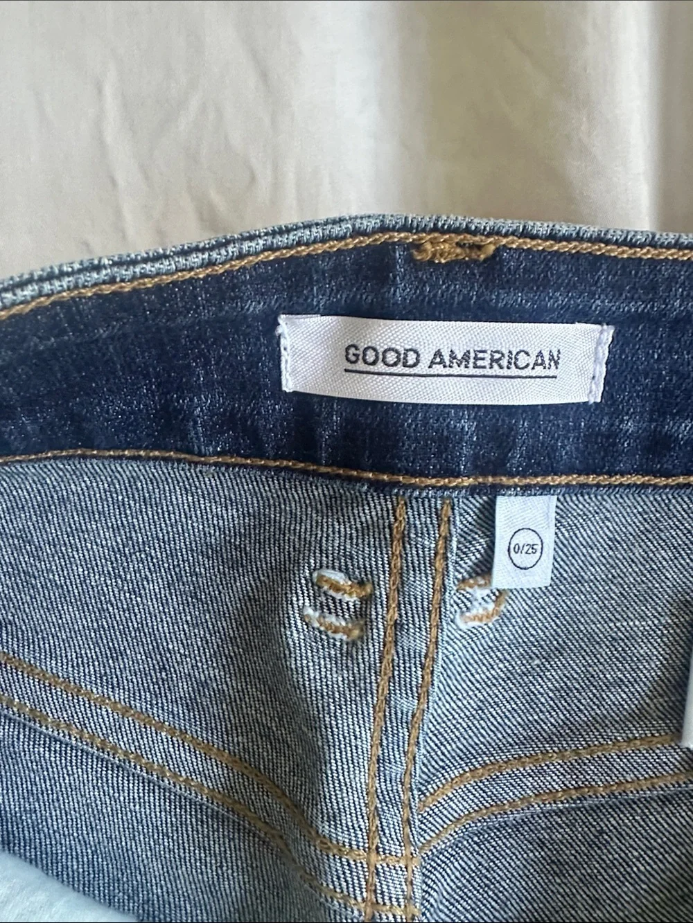 Good American Dark Blue High-Rise Frayed Hem Jean Shorts